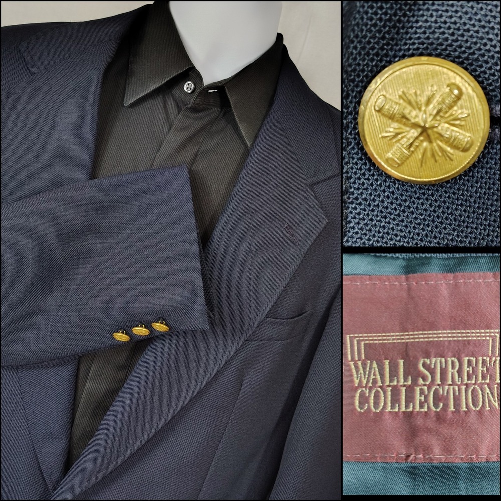 Wall Street Sport Coat Blazer Mens 42L Navy with Gold Buttons Portly Made In USA